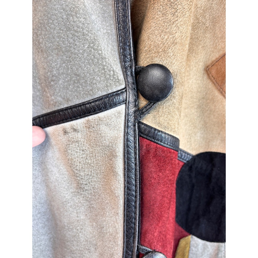 Vintage 80s Suede Leather Patchwork Jacket Fur Collar Geometric Art Earth L‎ OOK - Picture 11 of 15